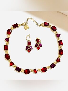 Anne Klein Gold-Tone Necklace & Earrings with Red and Purple Stones